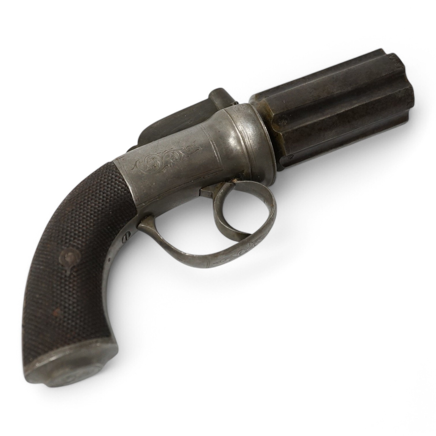 A six shot 120 bore self cocking percussion pepper box revolver, with fluted barrels, Birmingham proofed, round scroll engraved frame, and two-piece chequered walnut grips. Condition - fair to good, acid cleaned